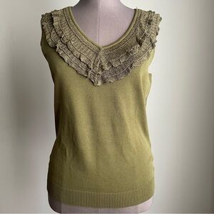 Green Sleeveless Top with Lace ruffled V-neck